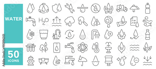 Set of 50 line icons related to water, drop, hydration, cycle, pure, natural, drinking, rain, tide, shower, plastic, bottle, faucet, tap, Editable stroke. Vector illustration