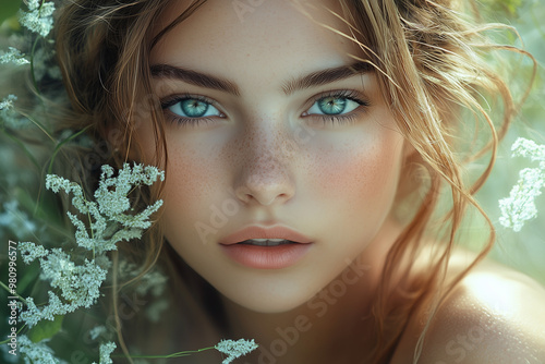 Beautiful portrait of young woman in forest