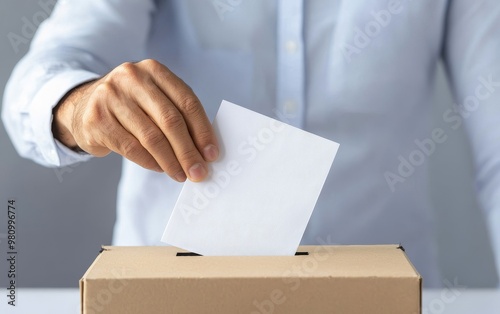 Close-up of a poll worker placing a ballot into a secure box, election integrity, vote counting