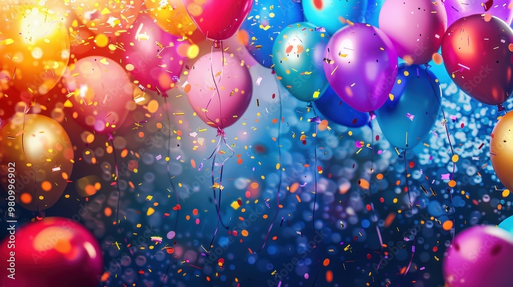 This festive background showcases a dazzling array of bright confetti, vibrant balloons, and sparkling lights. This festive background showcases a dazzling array of bright confetti, vibrant balloons, and sparkling lights.