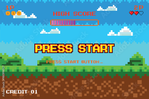 PRESS START. press start button. Pixel Game Background Natural Landscape with Blue Sky, Trees and Green Grass Pixel 8-Bit Video Game