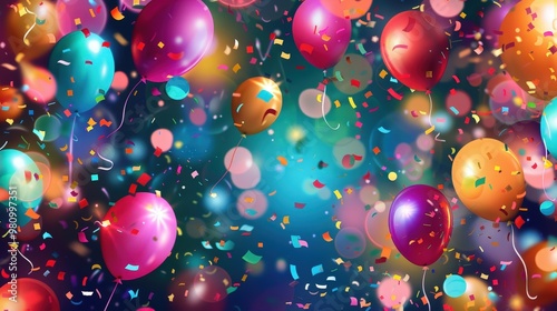 This festive background showcases an array of vibrant balloons, bright confetti, and shimmering lights.