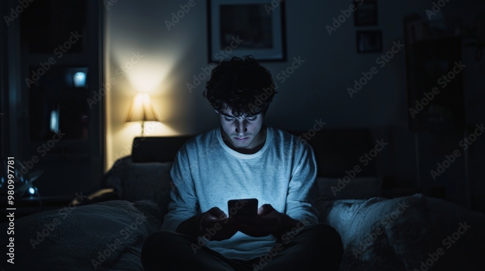 Fototapeta premium A person sitting alone in a dark room, staring intensely at their phone, completely absorbed and isolated, representing digital addiction.