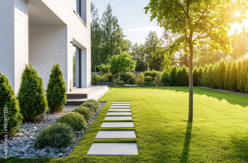 Wallpaper Mural A side view of the backyard with green grass, small white stones on the lawn leading to the front door and white walls, garden bushes, trees, house exterior Torontodigital.ca