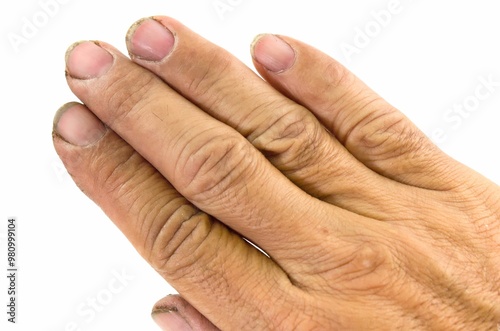 Male hands with dirty nails on white background