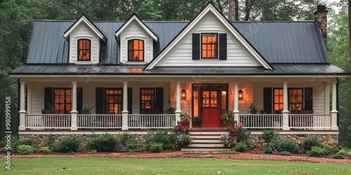 A charming, two-story house with a welcoming front porch, large windows, and dormer windows, set against a backdrop of lush greenery and matured trees