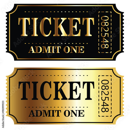 Tickets gold and black material.Retro ticket design template. Admit one. Tickets for cinema, movie, circus, carnival, film, festival, casino, club, party, vip, etc. Vector illustration.