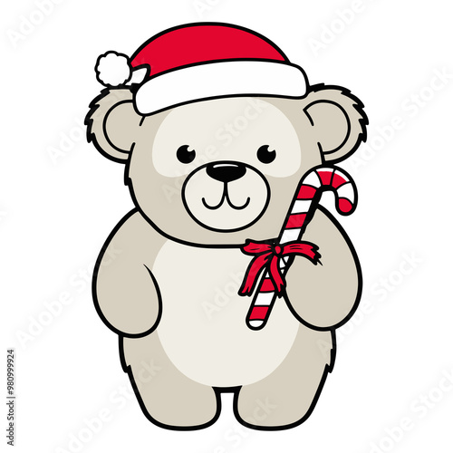 Cute Christmas Bear with Santa Hat and Candy Cane
