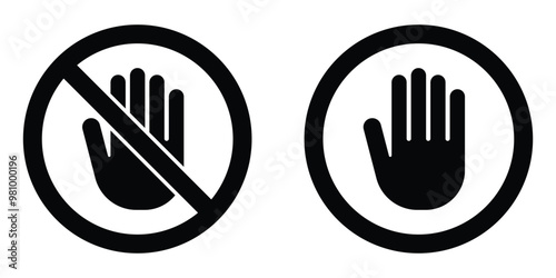 Stop hand and palm in circle vector icon set. Do not touch with hands Prohibitory sign. Black silhouette isolated on white background.