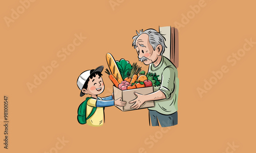 Boy giving groceries to an elderly man in an act of kindness