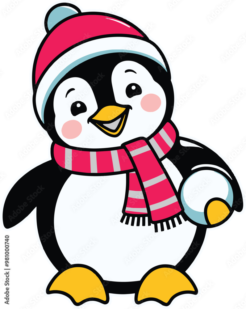 Joyful Penguin in Winter Outfit Holding Snowball Joyful Penguin in Winter Outfit Holding Snowball