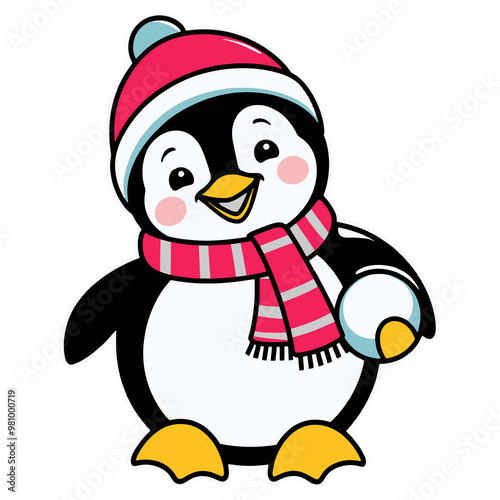 Cute Penguin with Scarf and Beanie Holding Snowball