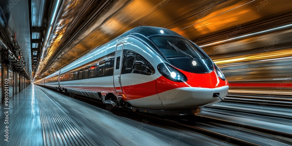 Fototapeta premium A high-speed modern train speeding through a tunnel with dynamic lighting and motion blur effects conveying the essence of rapid transport connectivity and innovation
