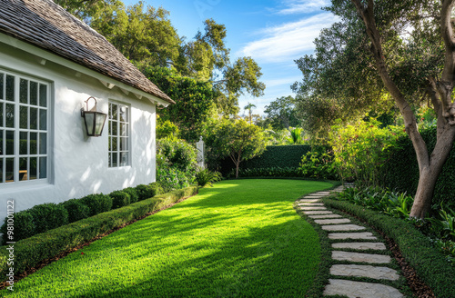 Beautiful backyard garden with lush green grass and a small stone path leading to the house