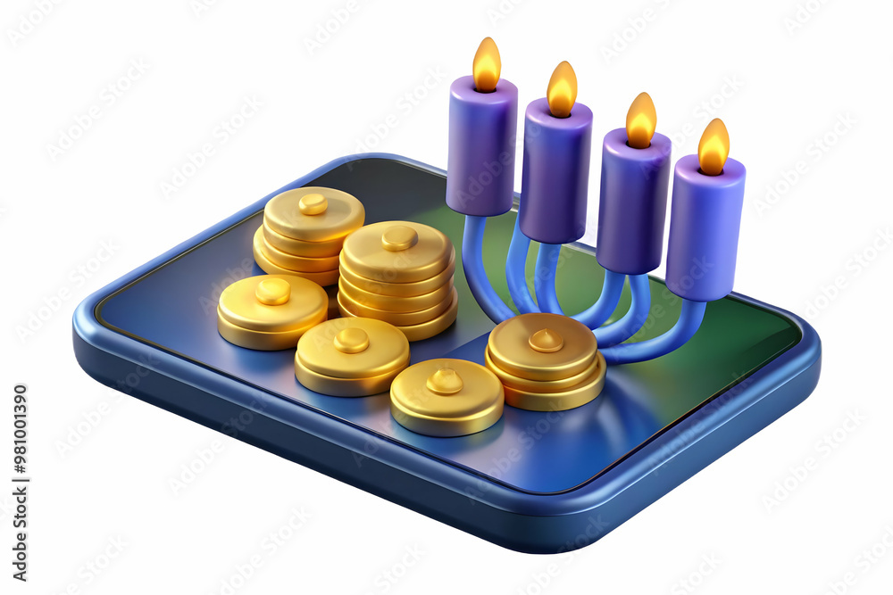 3D Glossy Smartphone with Holographic Hanukkah Coins and Star of David Icon - Modern Design, Glowing Symbols, Isolated on White for Promotions 3D Glossy Smartphone with Holographic Hanukkah Coins and Star of David Icon - Modern Design, Glowing Symbols, Isolated on White for Promotions
