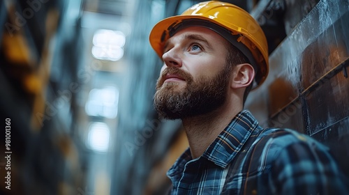 Engineer scrutinizing building wall surfaces, focusing on structural integrity and construction details