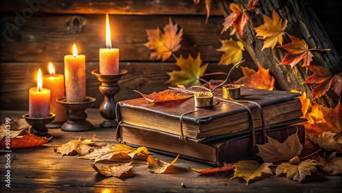 Spooky candles illuminate a worn, leather-bound book, surrounded by autumn leaves and scattered papers, inspiring eerie photo