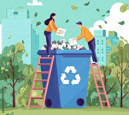 Two individuals sorting recyclables into a bin in a vibrant urban park setting. photo