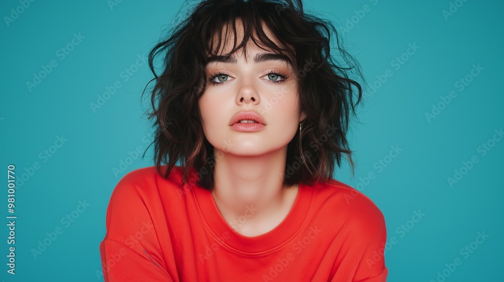 A woman with short hair and a red shirt is standing in front of a blue background. She has a serious expression on her face A woman with short hair and a red shirt is standing in front of a blue background. She has a serious expression on her face