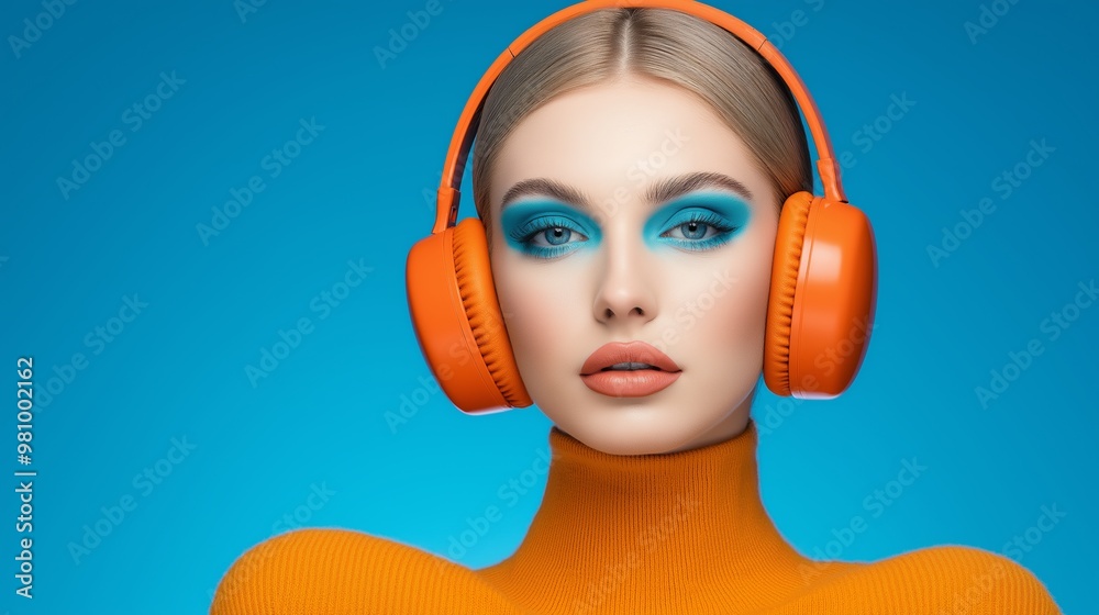 A woman wearing orange and blue makeup and orange headphones. She is standing in front of a blue background A woman wearing orange and blue makeup and orange headphones. She is standing in front of a blue background
