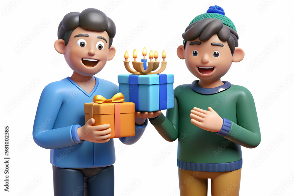 3D Candid Shot of Joyful Friends Exchanging Hanukkah Gifts at a Festive Party - Close-Up Action Capture of Celebration and Surprise