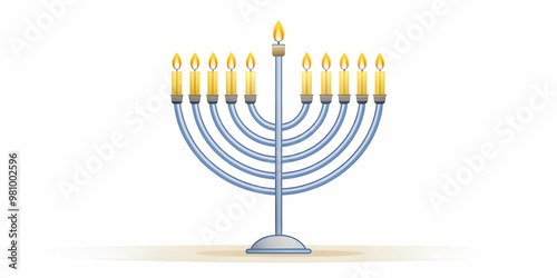 Minimalist Flat White Background with Glowing Menorah and Hanukkah Candles Silhouette | Elegant Copy Space for Promotions