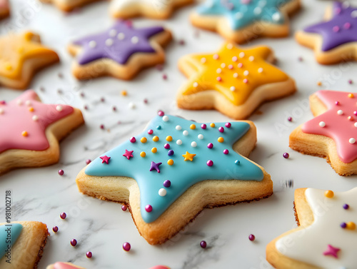 Macro Shot of Beautifully Decorated New Year 2025 Cookies: Vibrant Star and Number Shapes Showcasing Intricate Icing Details in a Flat Vector Illustration