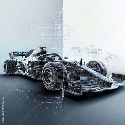 A sports car under construction, with one half fully built and the other half in digital graphics, illustrating the transformation from concept to reality photo