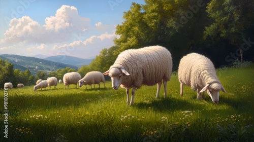 A quiet countryside with sheep and goats grazing leisurely, their wool merging with the lush green grass, evoking a sense of unity with nature.