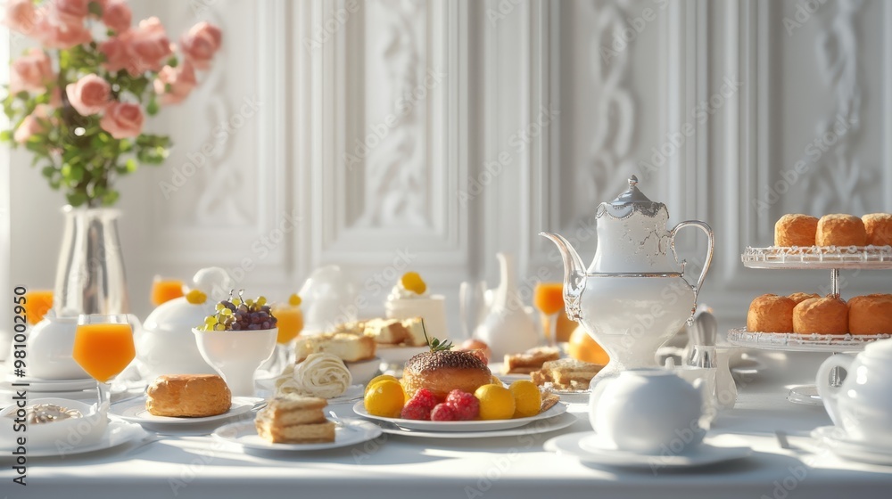 Continental breakfast setup, elegant white table, 3D illustration