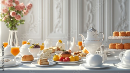 Wallpaper Mural Continental breakfast setup, elegant white table, 3D illustration Torontodigital.ca