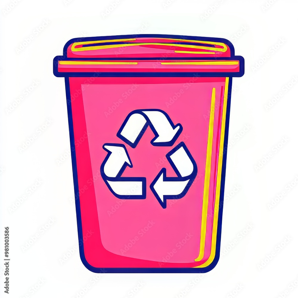 Colorful pink recycling bin with a prominent recycle symbol.