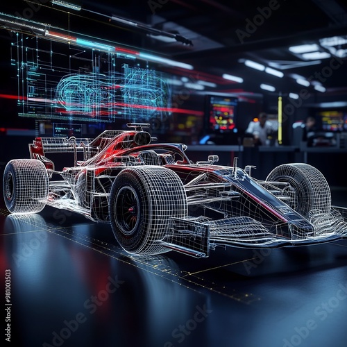 A sports car under construction, with one half fully built and the other half in digital graphics, illustrating the transformation from concept to reality photo