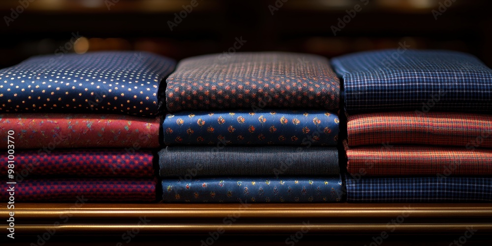 An intricately arranged display of folded fabrics showcasing a variety of colorful patterns including polka dots, floral prints, and checks in a clothing store