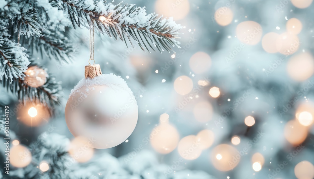 A soft-focus winter wonderland with ornaments hanging from snow-covered pine branches, illuminated by warm, glowing bokeh lights in the distance. A soft-focus winter wonderland with ornaments hanging from snow-covered pine branches, illuminated by warm, glowing bokeh lights in the distance.