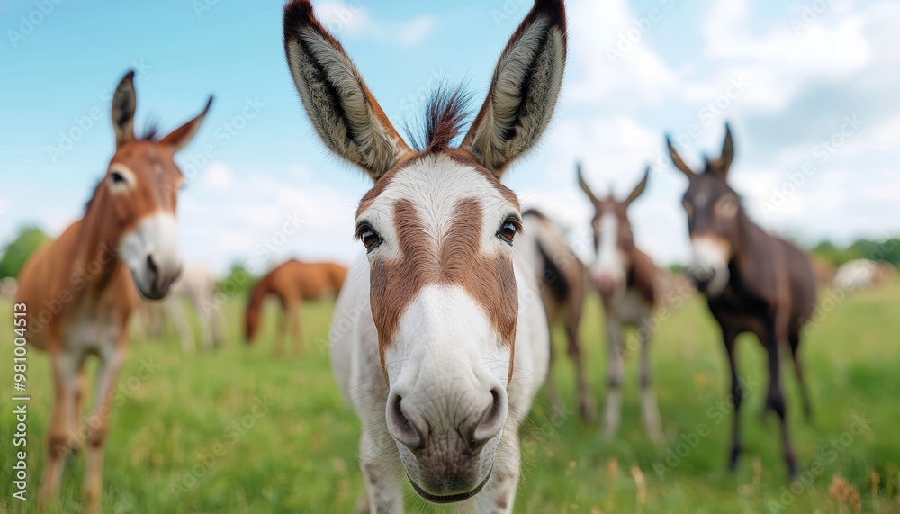 A herd of curious donkeys grazing in a field, with one donkey looking straight into the camera, surrounded by fresh green grass and the warmth of the sun. A herd of curious donkeys grazing in a field, with one donkey looking straight into the camera, surrounded by fresh green grass and the warmth of the sun.