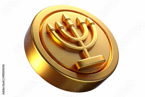 3D Macro Shot of Hanukkah Gelt with Reflective Gold Surface and Intricate Futuristic Engravings � High-Tech Concept on Isolated White Background photo