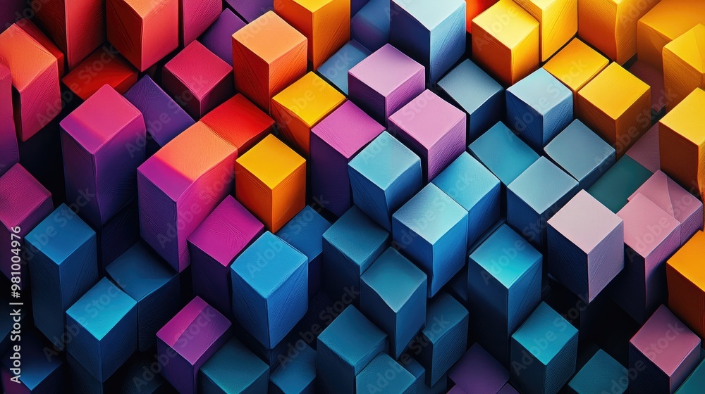 Obraz premium Intricate three-dimensional design with bold color cubes, creating a dynamic geometric pattern with sharp edges and captivating depth