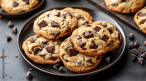 A plate of freshly baked chocolate chip cookies, inviting and delicious.