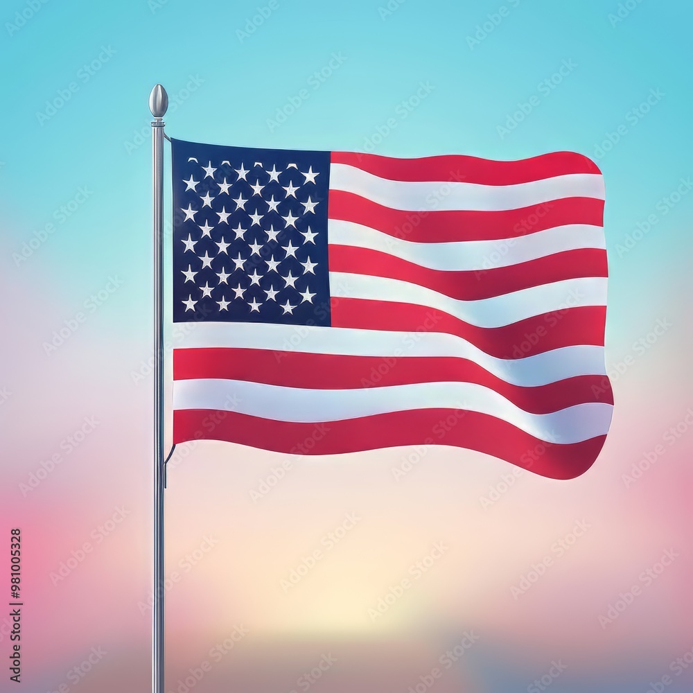 Fototapeta premium Waving American flag against a soft pastel background.
