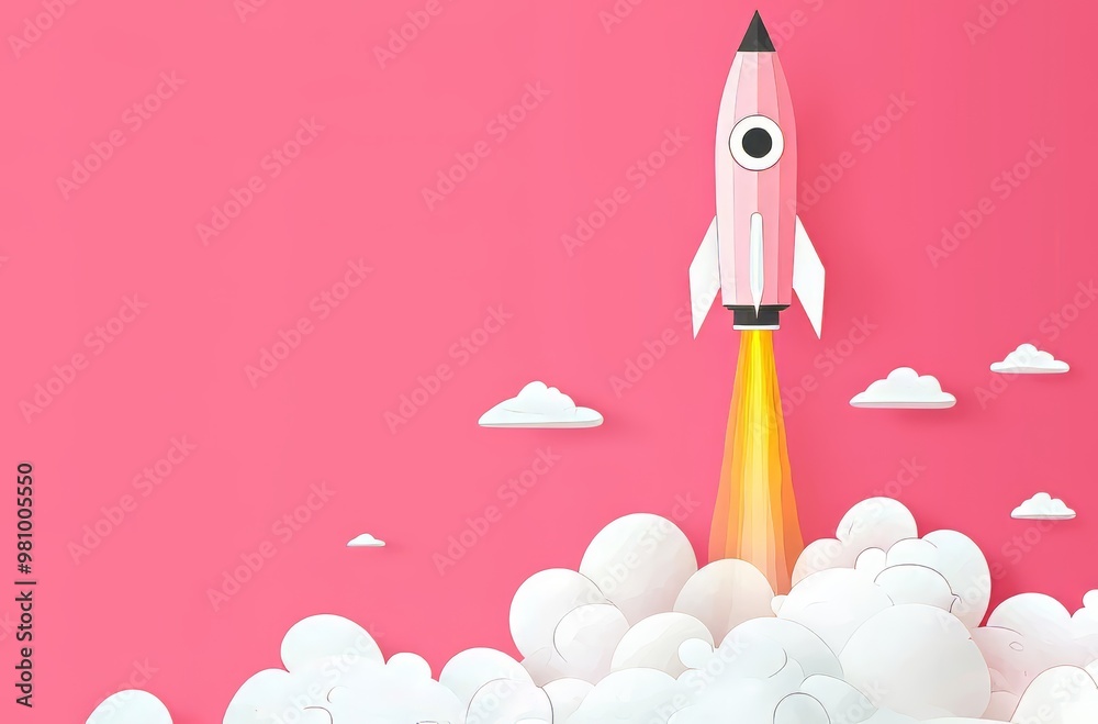 A playful pink rocket lifts off from fluffy clouds against a vivid pink backdrop. A playful pink rocket lifts off from fluffy clouds against a vivid pink backdrop.
