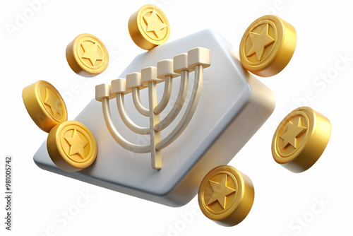 3D Plain White Background Design Featuring Scattered Hanukkah Gelt with Ample Copy Space Above - Festive Minimalist Concept for Holiday Greetings and Promotions photo