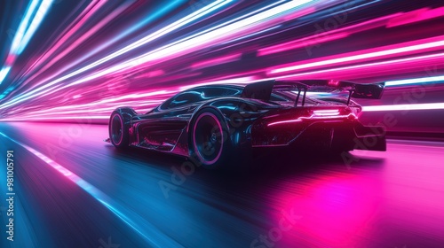 Futuristic Racing Car in Neon Light Trail