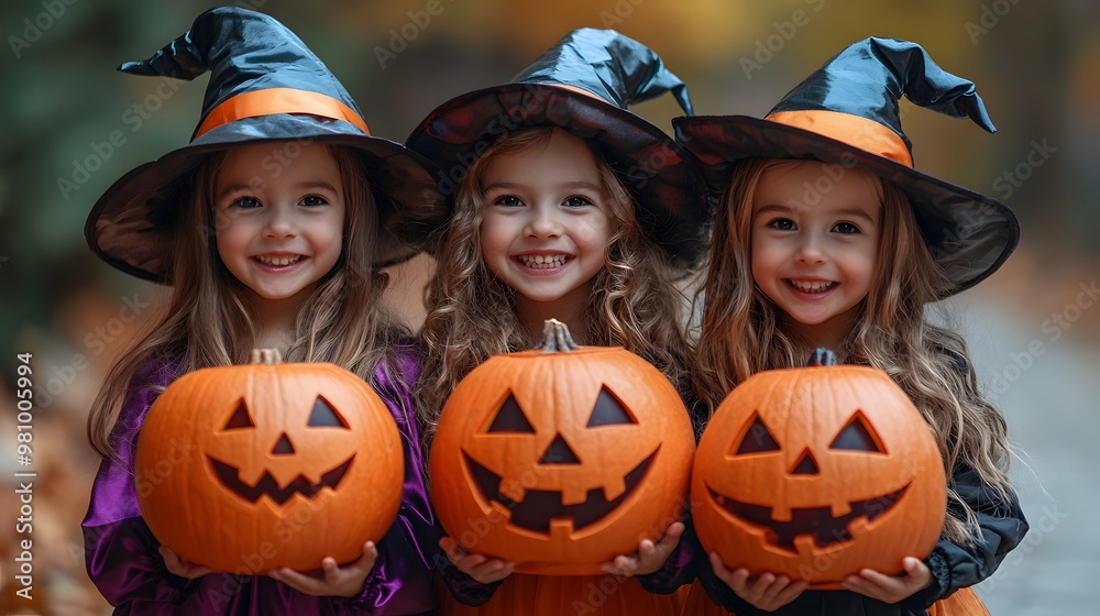 Kids in lively Halloween outfits trick-or-treating, set against a backdrop of festive and vibrant Halloween elements Kids in lively Halloween outfits trick-or-treating, set against a backdrop of festive and vibrant Halloween elements
