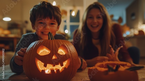 A Holloway pumpkin against the backdrop of joyful children. A homely atmosphere photo