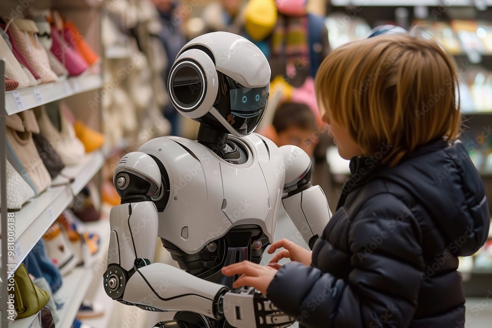 A friendly robot interacts with children in a lively store, bringing joy and playful moments to their shopping experience A friendly robot interacts with children in a lively store, bringing joy and playful moments to their shopping experience