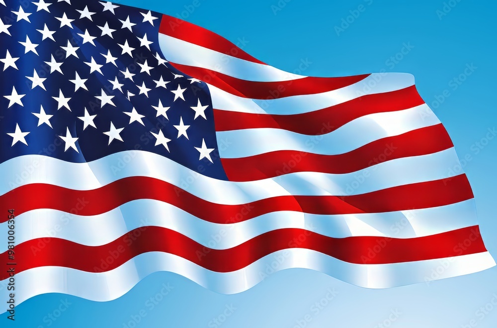 Fototapeta premium Waving American flag on a clear blue sky background.