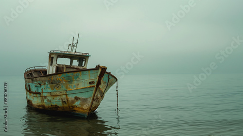 Old, weathered boat floating on calm waters in a misty, tranquil scene