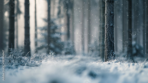 Blurry Image of Winter Forest: Small Snowdrifts and Light Snowfall