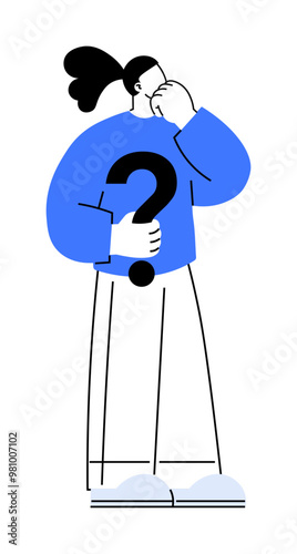 Person with a hand on chin, seemingly thinking, holds a large question mark. Ideal for problem-solving, decision-making, questioning, curiosity, and brainstorming. Simple cartoon style.